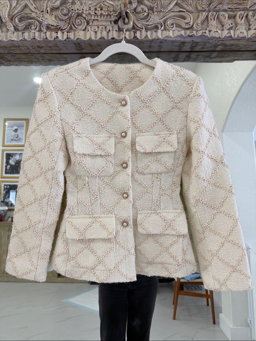 Women's Cream Bouclé Tweed Pocket Blazer with Pearl Buttons